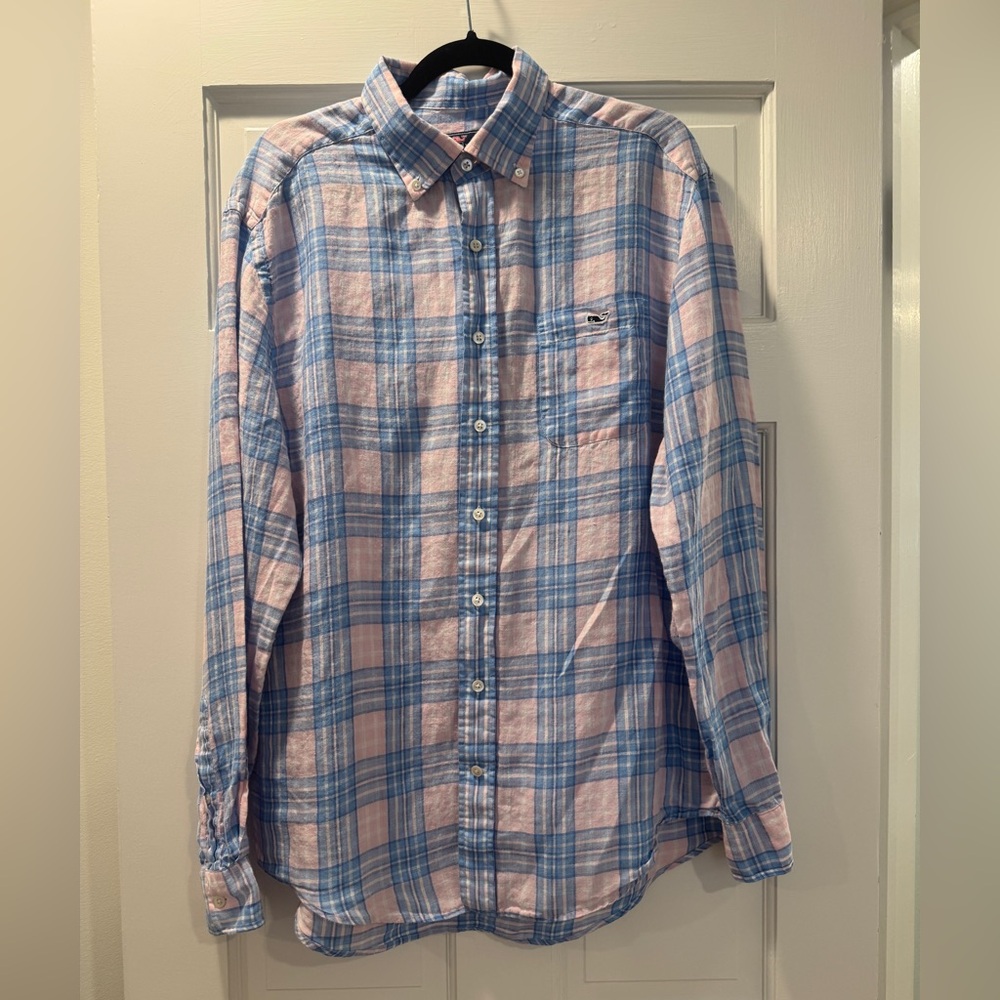 Vineyard Vines Blue & Pink Plaid Linen Button Down Shirt | Men’s L | 100% Linen